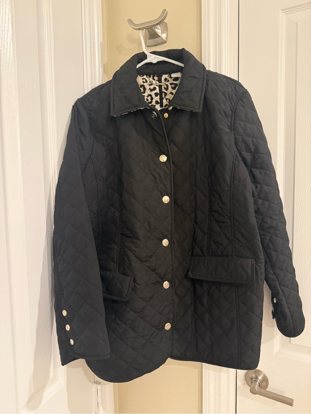 Chico's Black Quilted Utility Jacket with Leopard-Print Lining
